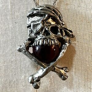 Skull and Crossbones red ball pewter pendant necklace